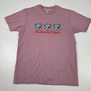 Onitsuka Tiger Shirt Mens Medium Pink Graphic Tee Crewneck Tigers Logo Japan